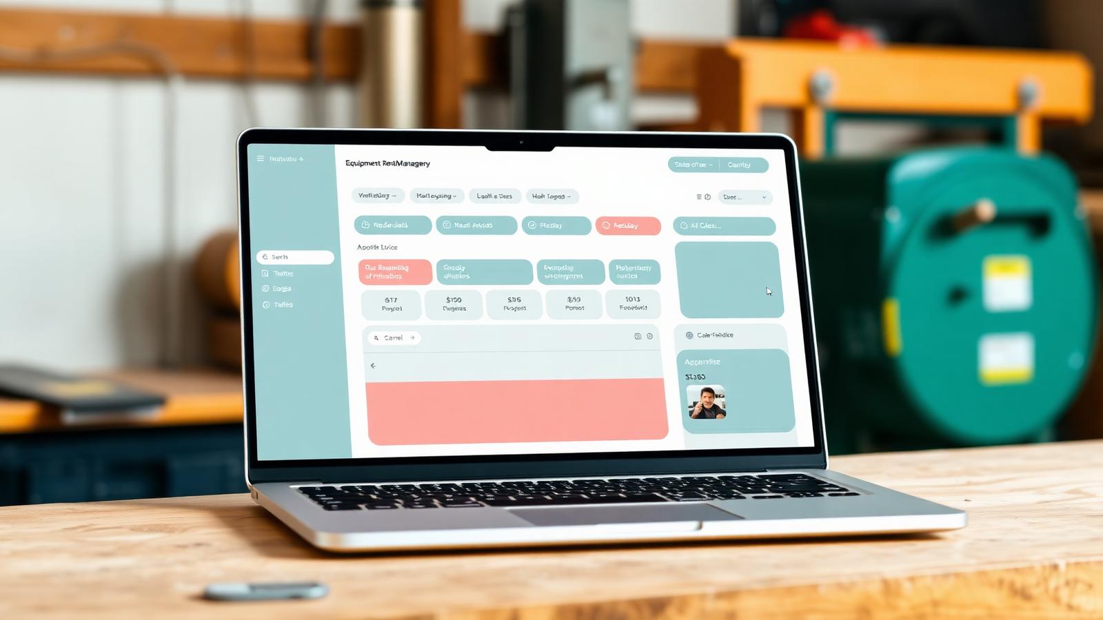 An equipment rental management dashboard on a laptop inside a workshop — the Orenita pilot release