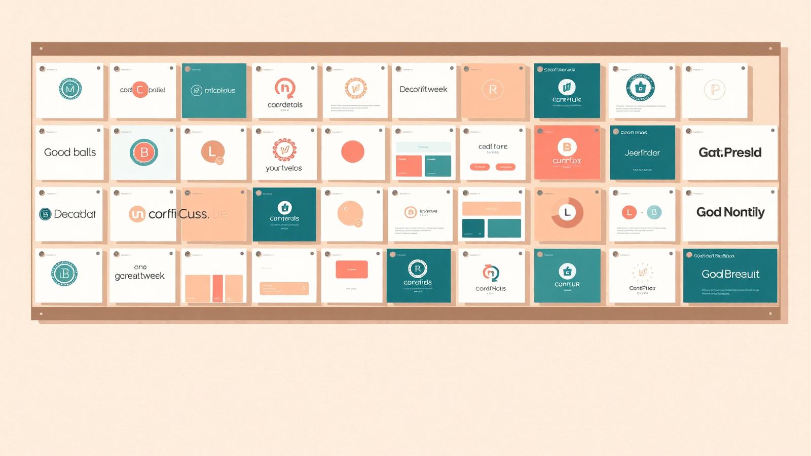 A moodboard wall showing many brand and logo variations produced with AI-assisted design